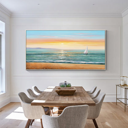 Schilderij zonsopgang zeegezicht: abstract bewolkt strand, ingelijste canvas muu #11