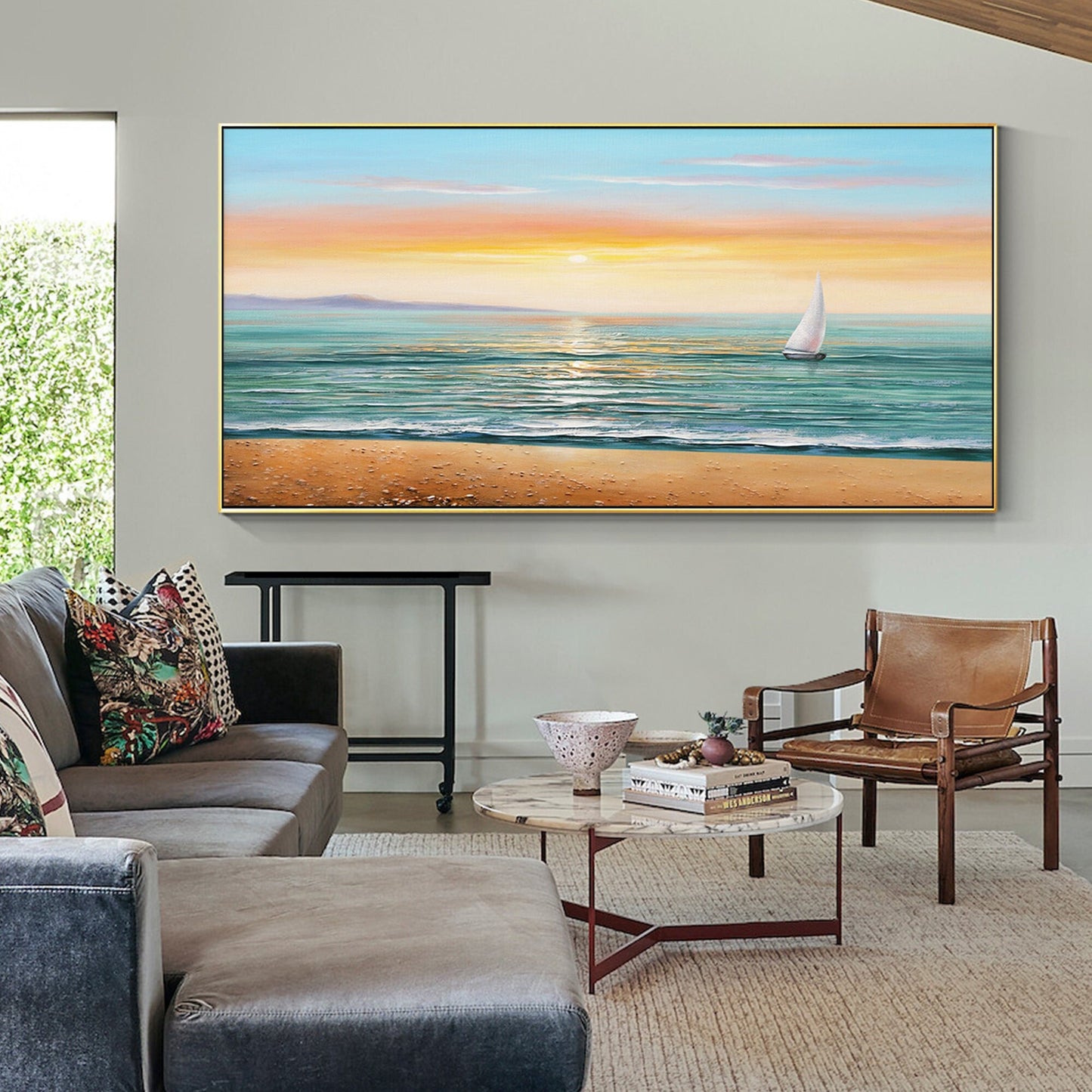 Schilderij zonsopgang zeegezicht: abstract bewolkt strand, ingelijste canvas muu #13