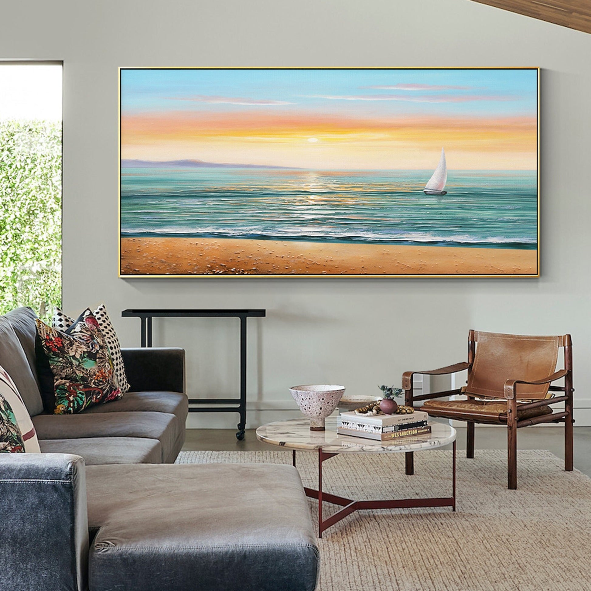 Schilderij zonsopgang zeegezicht: abstract bewolkt strand, ingelijste canvas muu #13