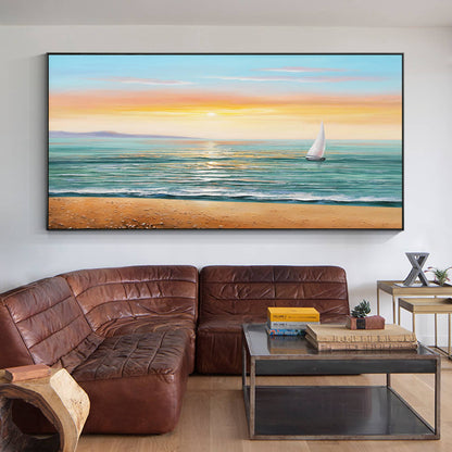 Schilderij zonsopgang zeegezicht: abstract bewolkt strand, ingelijste canvas muu #15