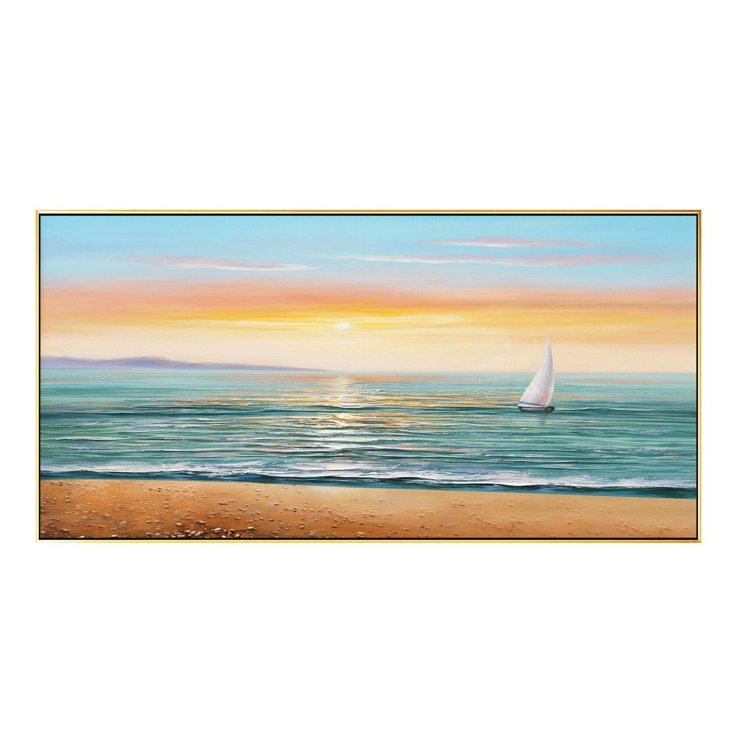 Schilderij zonsopgang zeegezicht: abstract bewolkt strand, ingelijste canvas muu #16