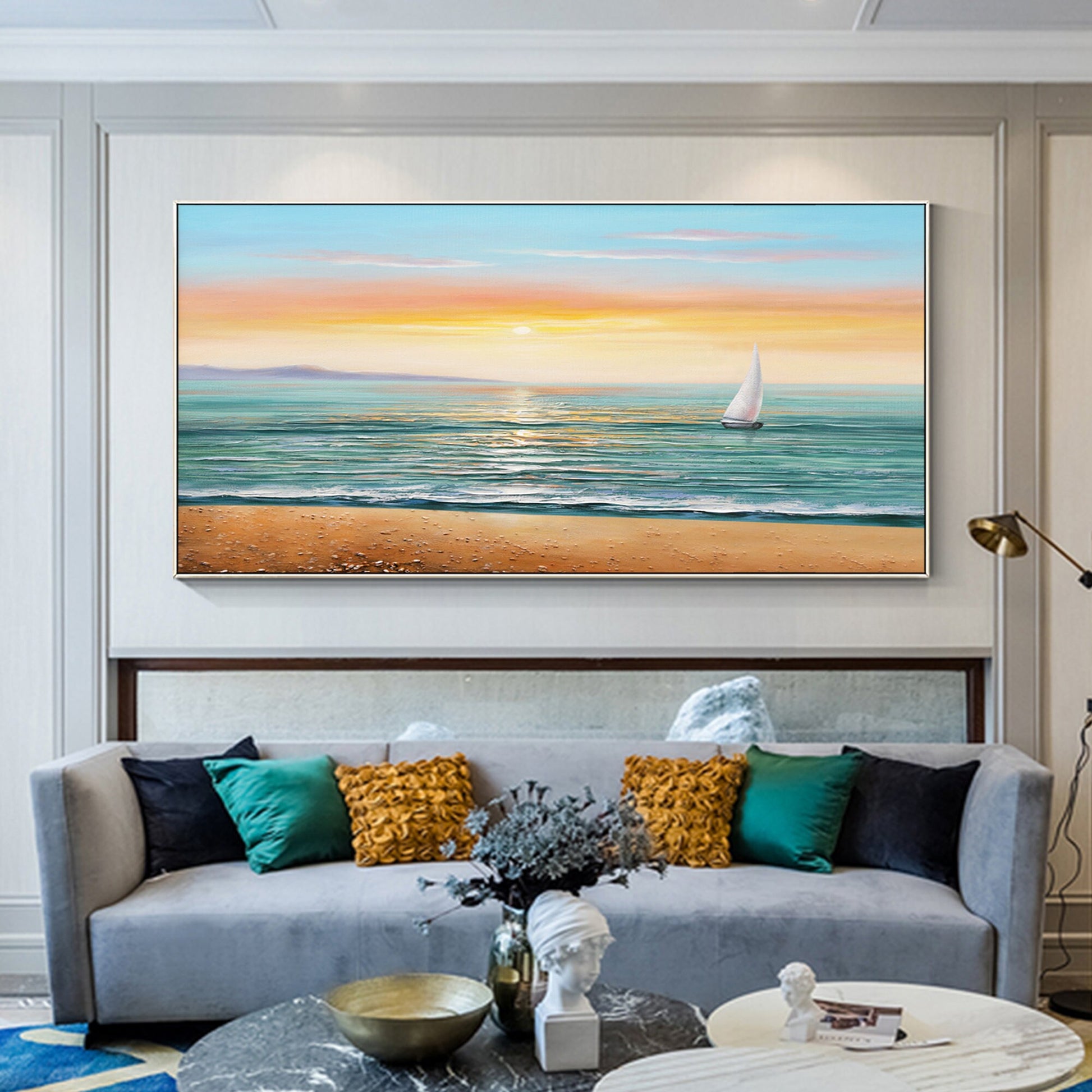 Schilderij zonsopgang zeegezicht: abstract bewolkt strand, ingelijste canvas muu #4