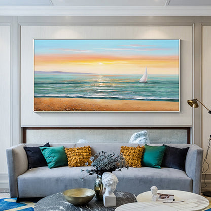 Schilderij zonsopgang zeegezicht: abstract bewolkt strand, ingelijste canvas muu #4