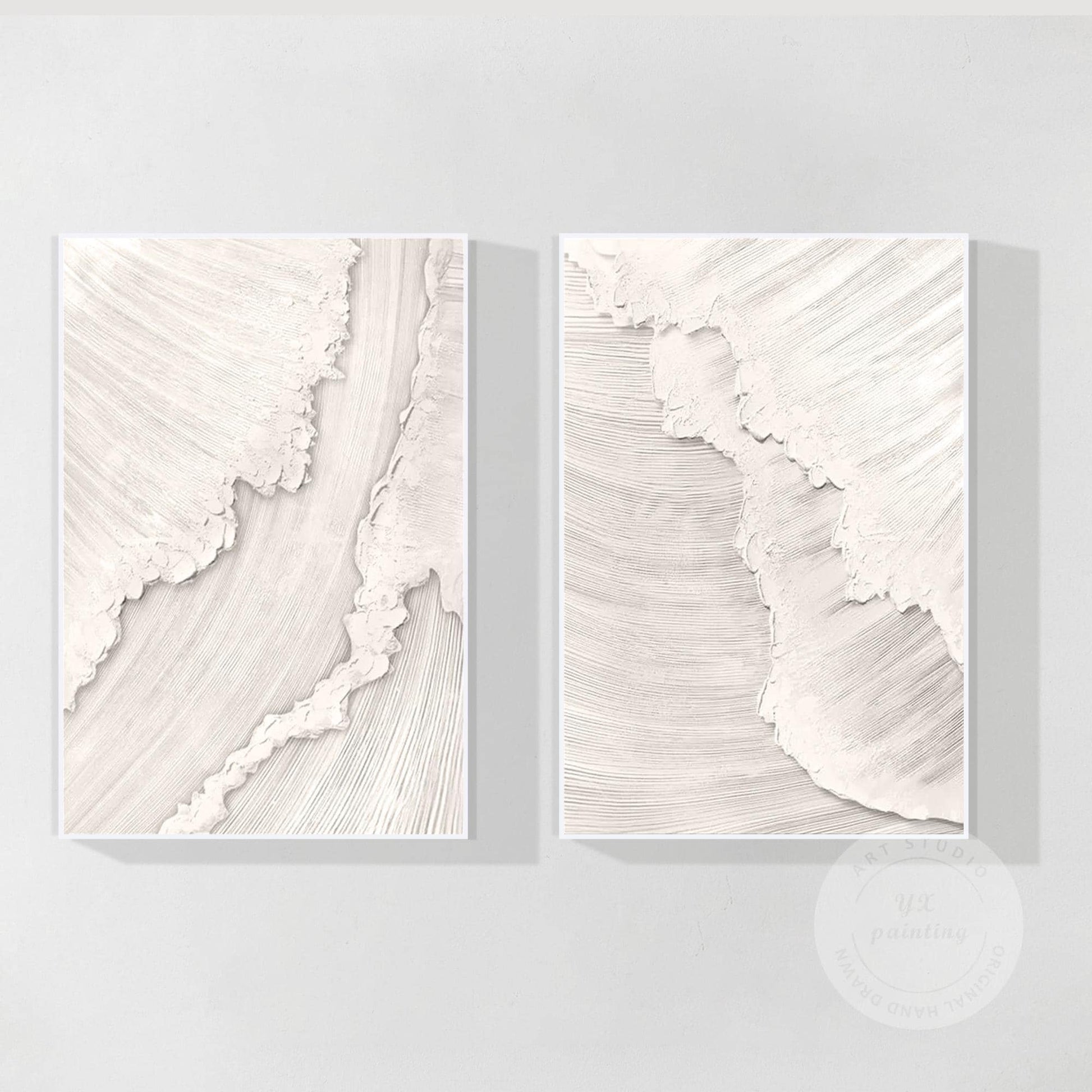 Schilderijset oceaangolven met textuur: beige witte 3D abstracte canvaskunst #17