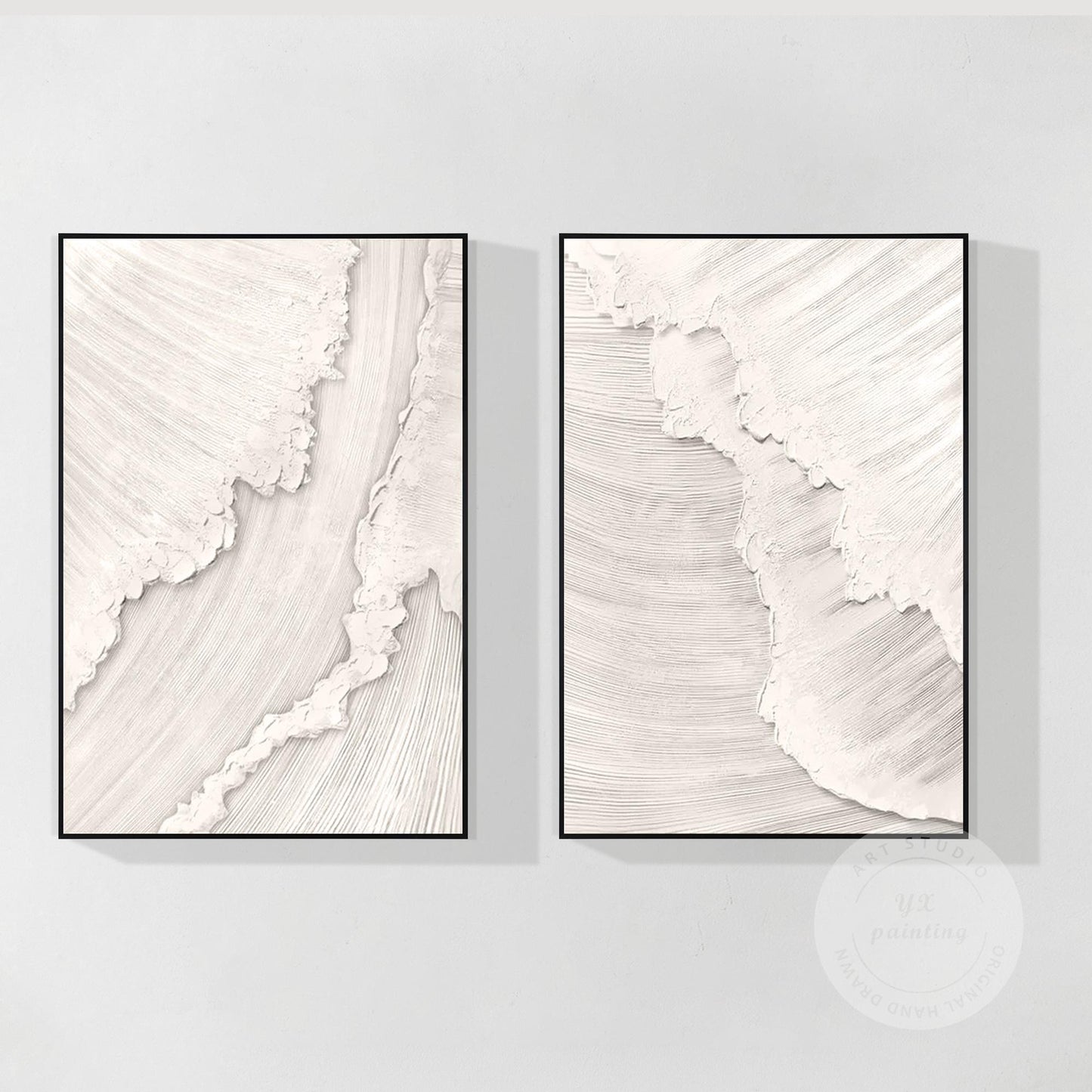 Schilderijset oceaangolven met textuur: beige witte 3D abstracte canvaskunst #8
