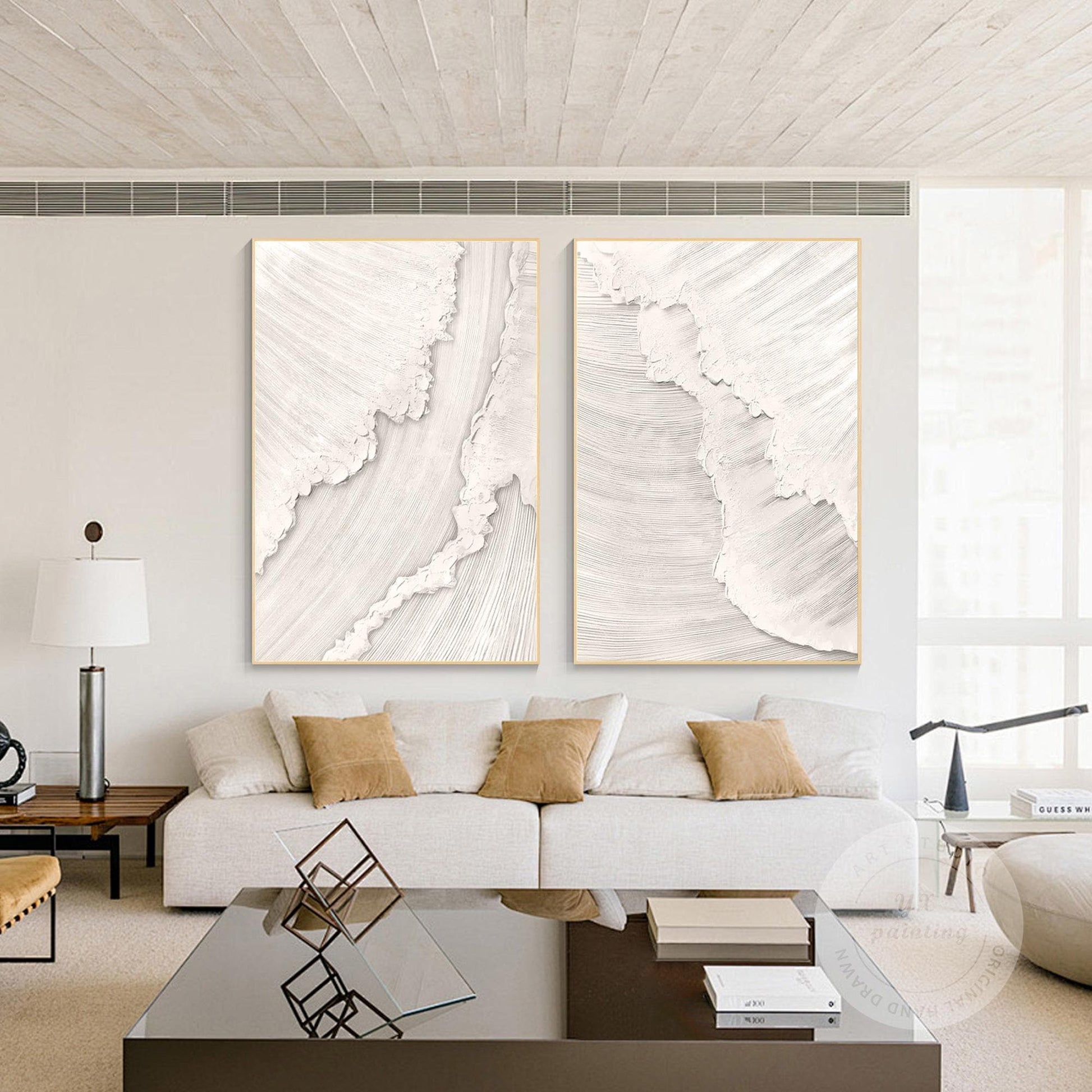 Schilderijset oceaangolven met textuur: beige witte 3D abstracte canvaskunst #1