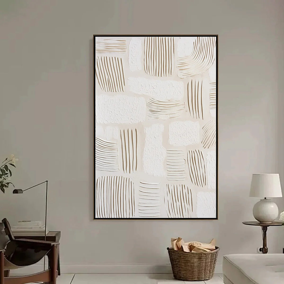 SCRIPTURES: Textured Wabi-Sabi Abstract Canvas Art | black frame version on white wall