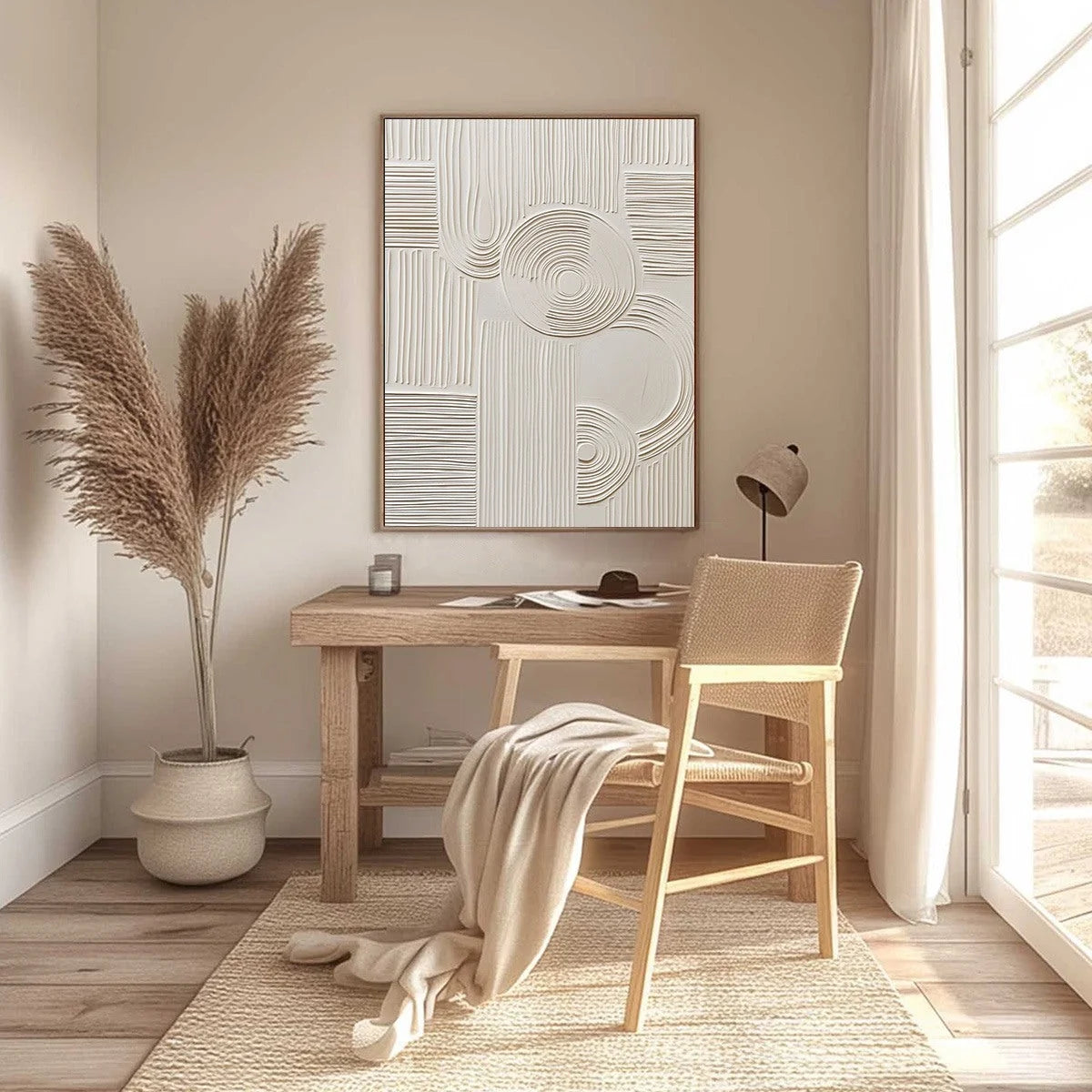SCULPTED SERENITY: Textured Beige Minimalist Wabi Sabi Wall Art | gold frame stretched on neutral wall