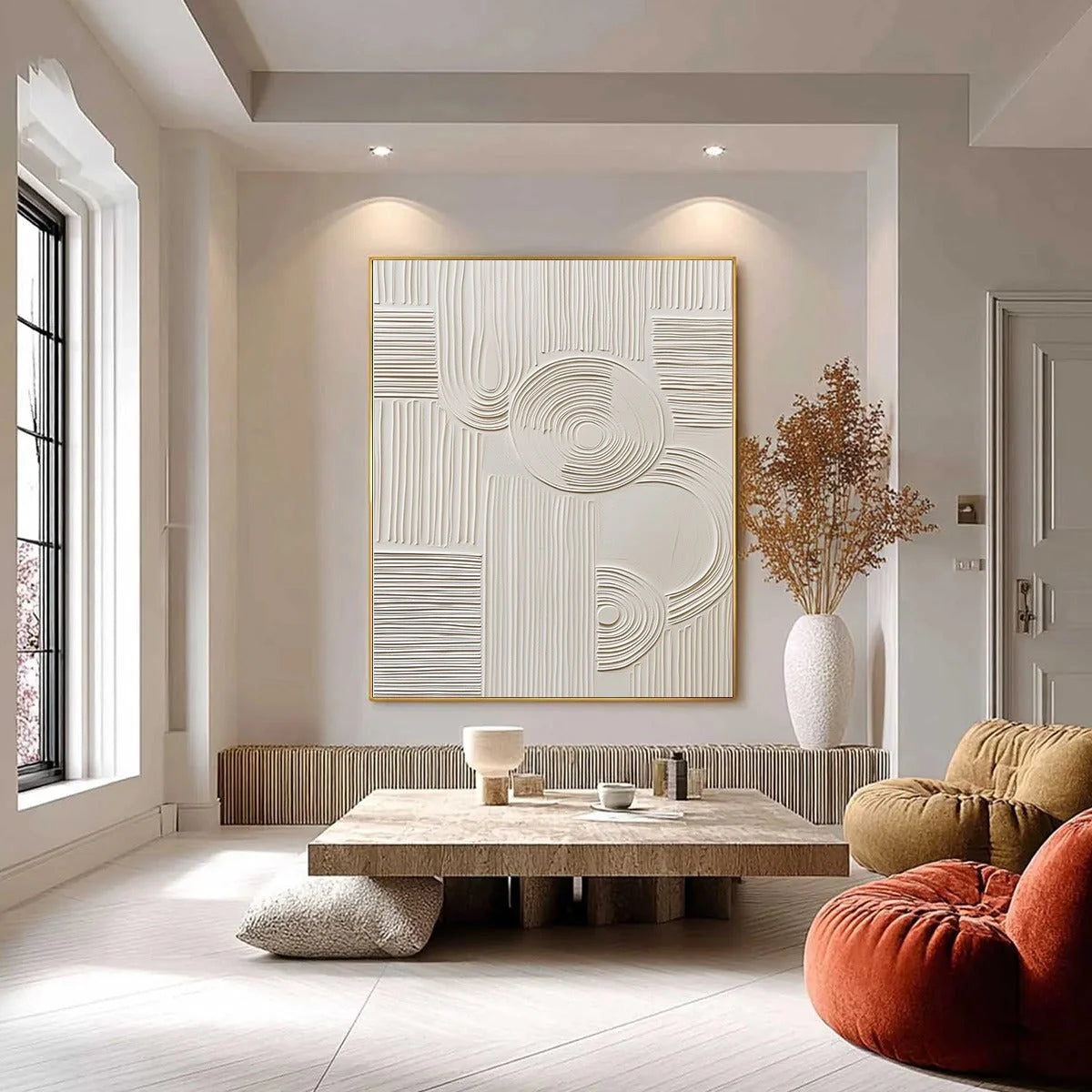 SCULPTED SERENITY: Textured Beige Minimalist Wabi Sabi Wall Art | black frame version on white wall