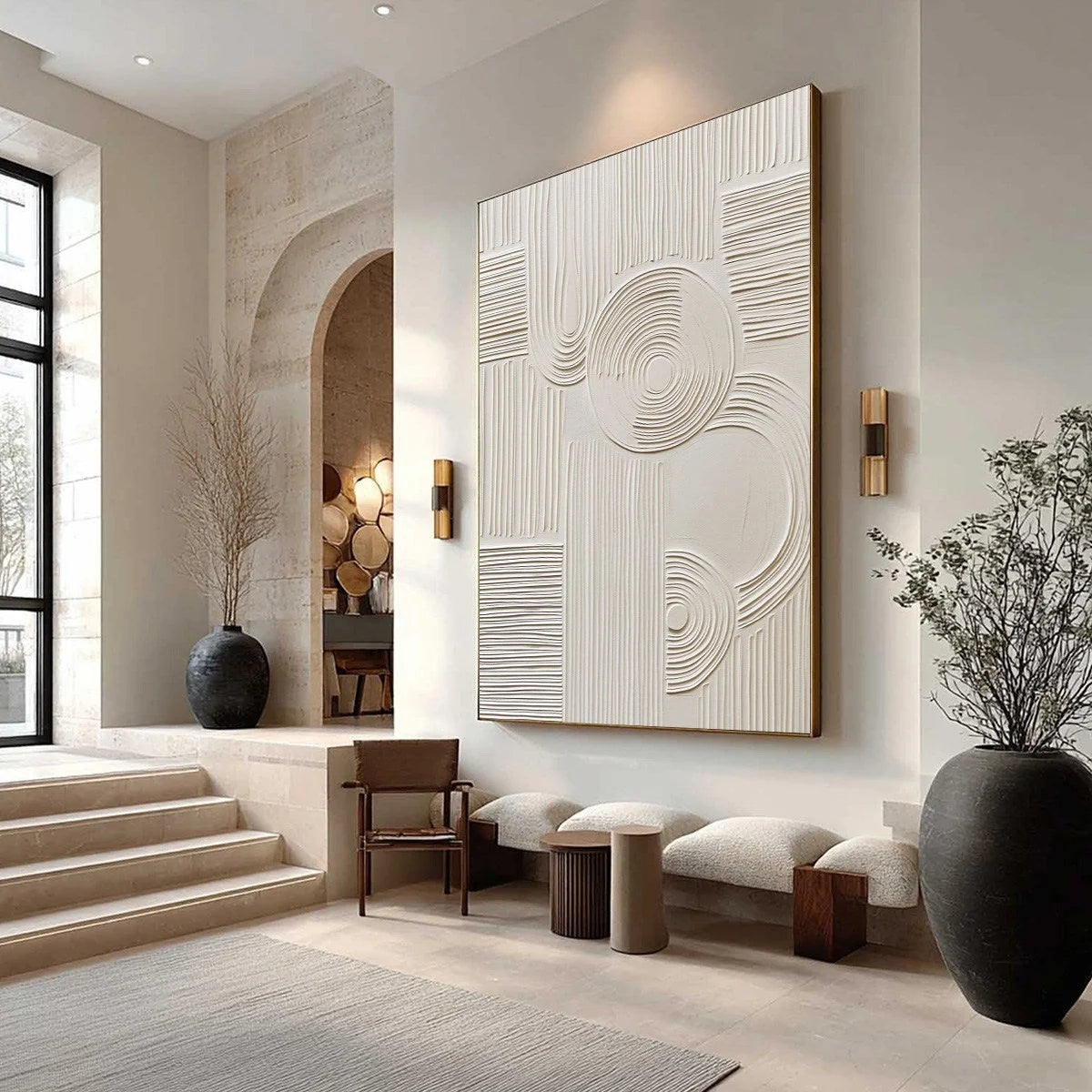 SCULPTED SERENITY: Textured Beige Minimalist Wabi Sabi Wall Art | Minimalist mood, soft natural light studio shot
