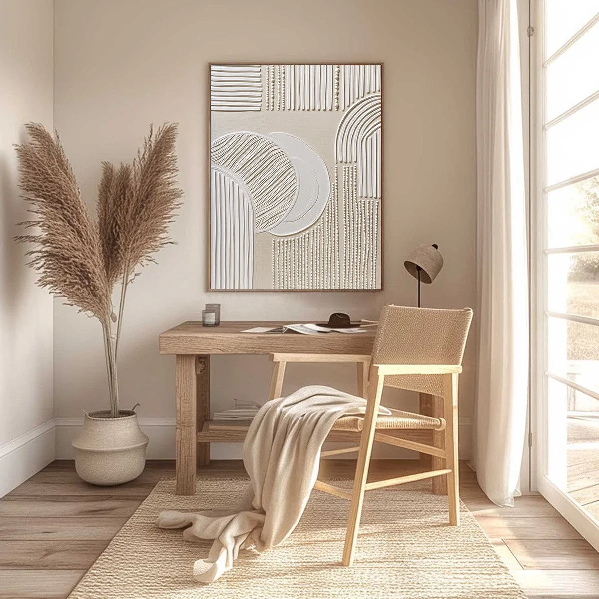 SCULPTED SERENITY: Textured Minimalist Abstract Wall Art | gold frame stretched on neutral wall