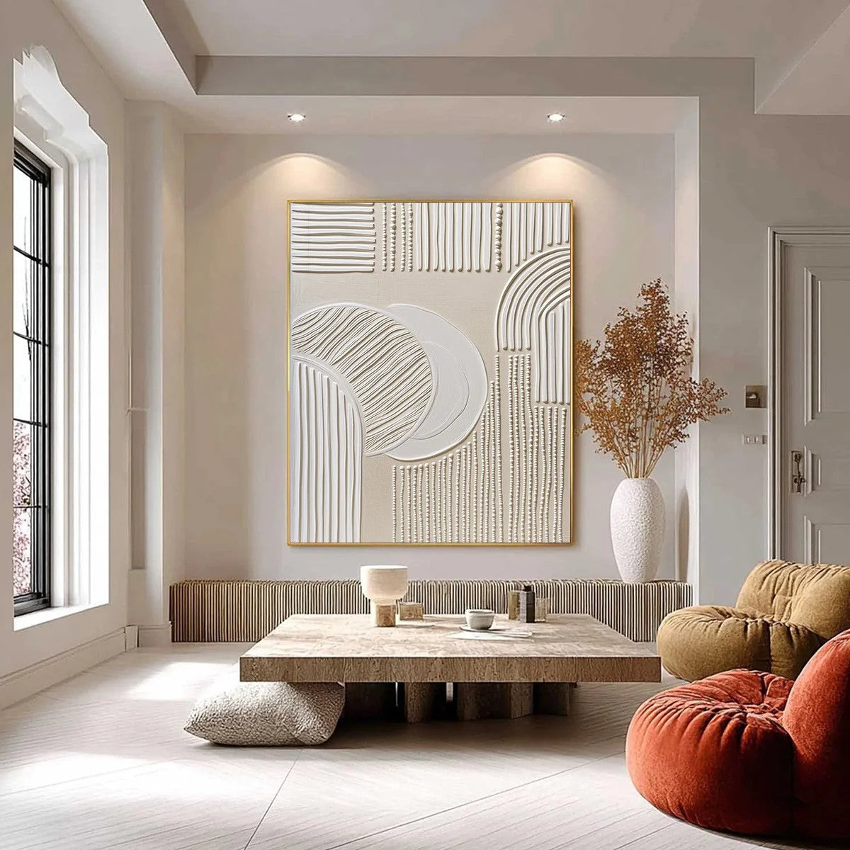 SCULPTED SERENITY: Textured Minimalist Abstract Wall Art | black frame version on white wall
