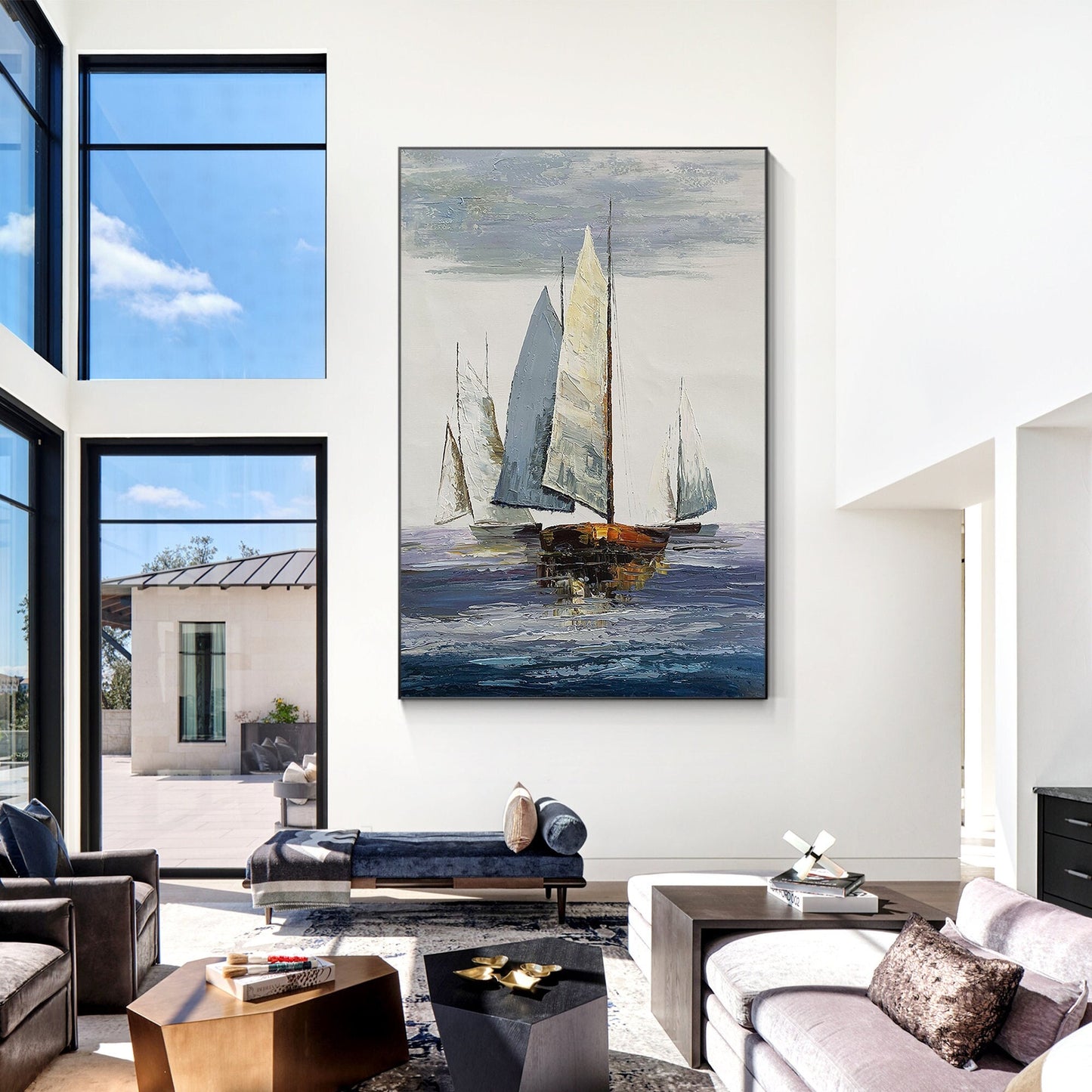 Seascape Sailing Original Painting on Canvas, Grey Blue Ocean Textured Palette K #2