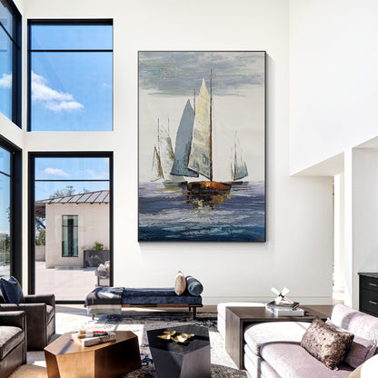 Seascape Sailing Original Painting on Canvas, Grey Blue Ocean Textured Palette K #2