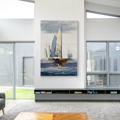 Seascape Sailing Original Painting on Canvas, Grey Blue Ocean Textured Palette K #3