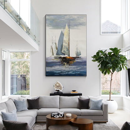 Seascape Sailing Original Painting on Canvas, Grey Blue Ocean Textured Palette K #5