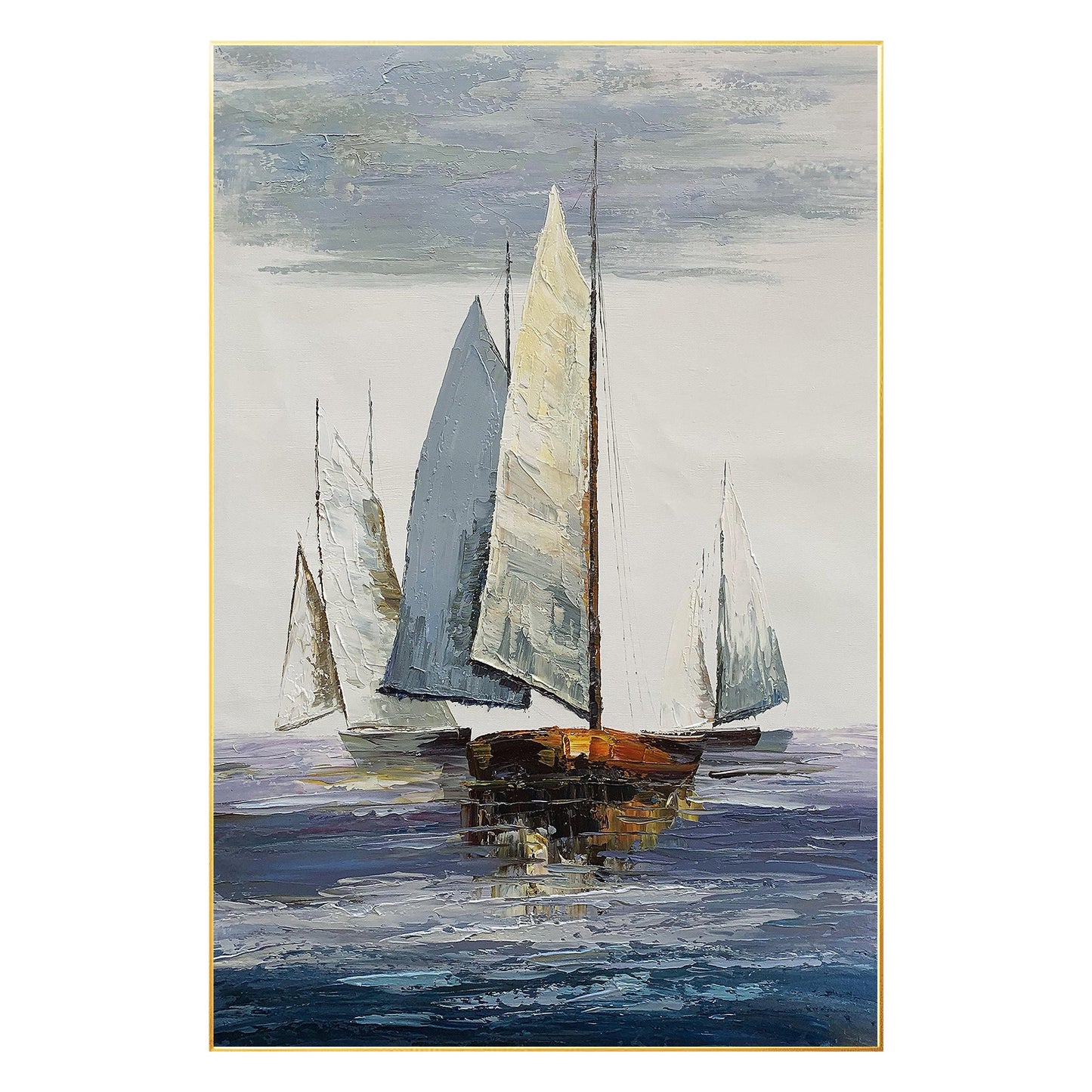 Seascape Sailing Original Painting on Canvas, Grey Blue Ocean Textured Palette K #7