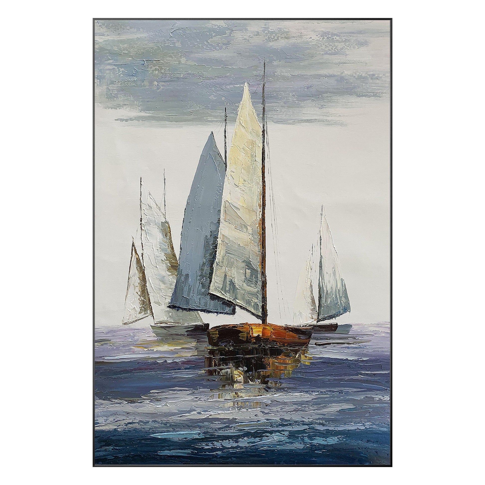 Seascape Sailing Original Painting on Canvas, Grey Blue Ocean Textured Palette K #9
