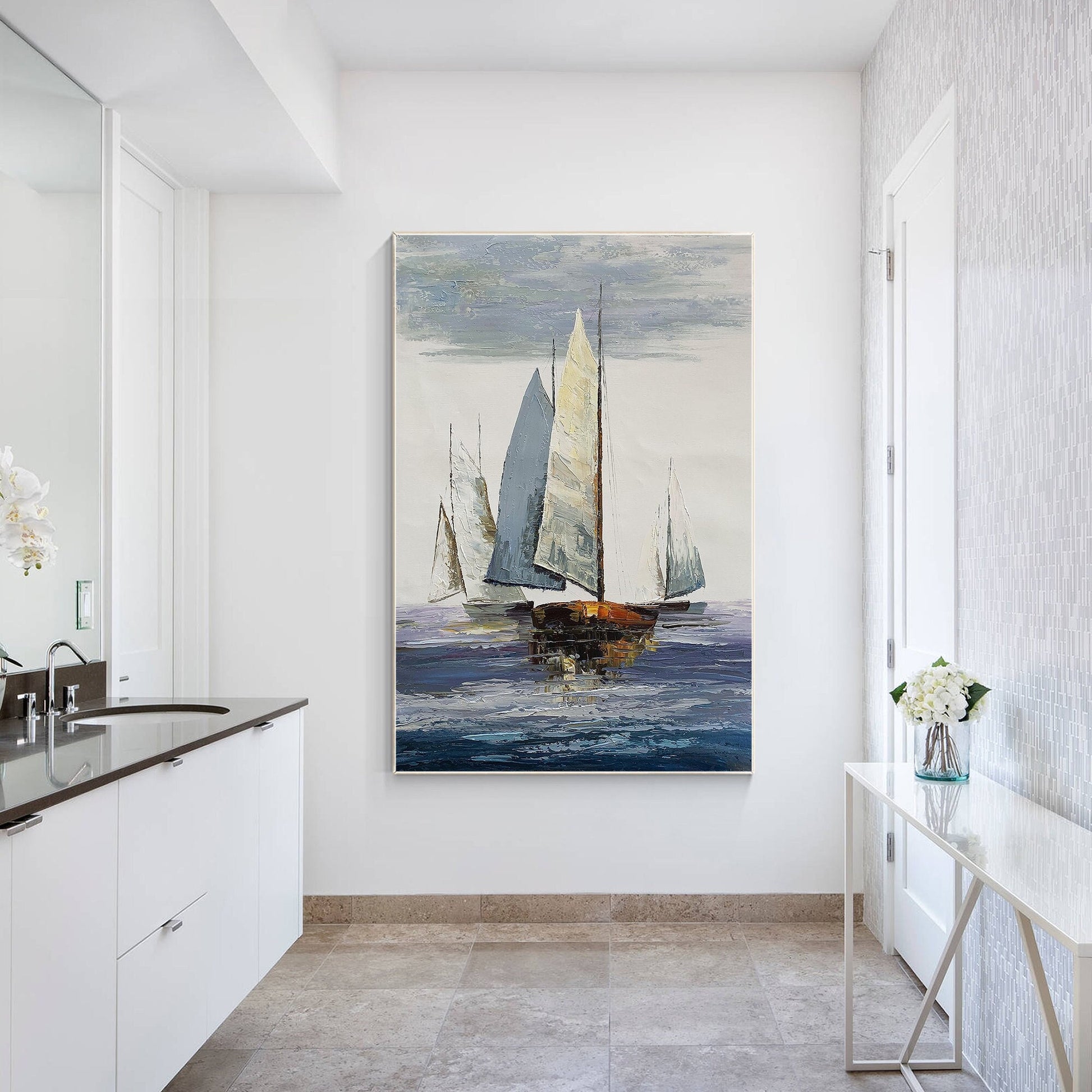 Seascape Sailing Original Painting on Canvas, Grey Blue Ocean Textured Palette K #1