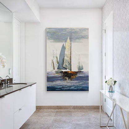 Seascape Sailing Original Painting on Canvas, Grey Blue Ocean Textured Palette K #1