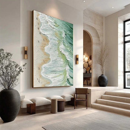 SEASHORE SERENADE: Textured Impasto Beach Oil Painting | gold frame stretched on neutral wall