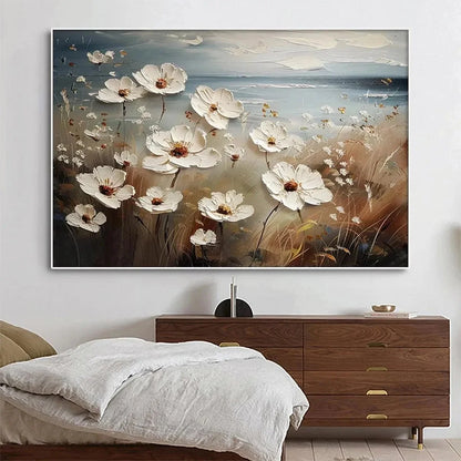 SEASIDE BLOSSOMS: Textured Floral Painting, Impasto Wall Art, Horizontal Canvas, Coastal Decor | Abstract closeup, raised brushwork detail