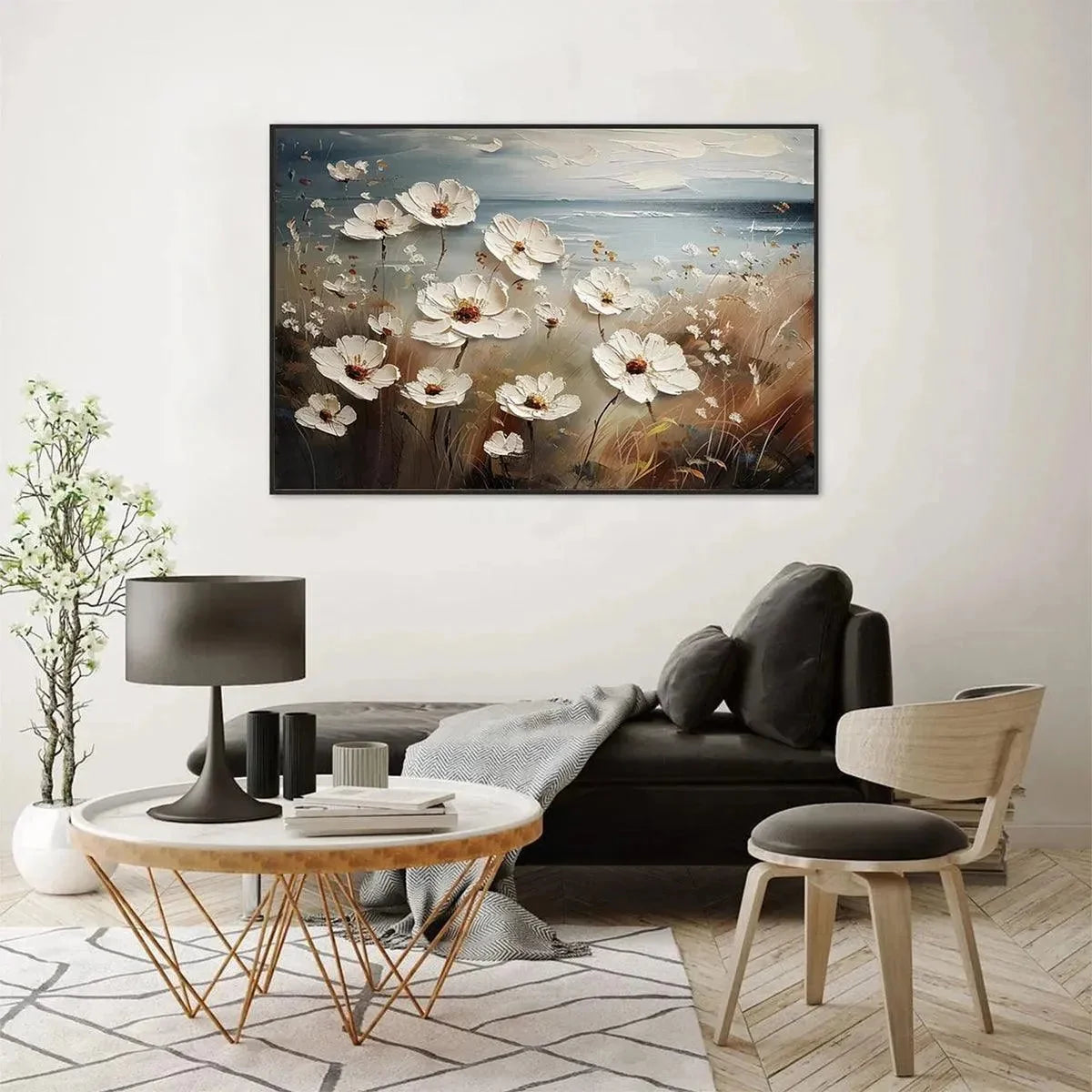 SEASIDE BLOSSOMS: Textured Floral Painting, Impasto Wall Art, Horizontal Canvas, Coastal Decor | gold frame stretched on neutral wall