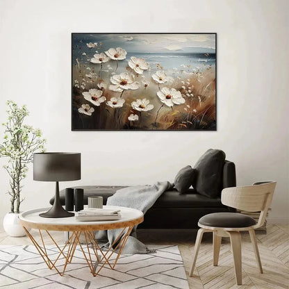 SEASIDE BLOSSOMS: Textured Floral Painting, Impasto Wall Art, Horizontal Canvas, Coastal Decor | gold frame stretched on neutral wall