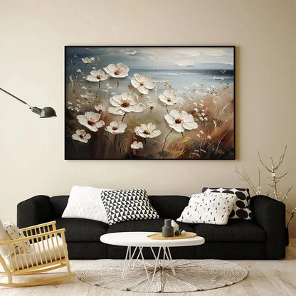 SEASIDE BLOSSOMS: Textured Floral Painting, Impasto Wall Art, Horizontal Canvas, Coastal Decor | rolled canvas, ready for custom framing