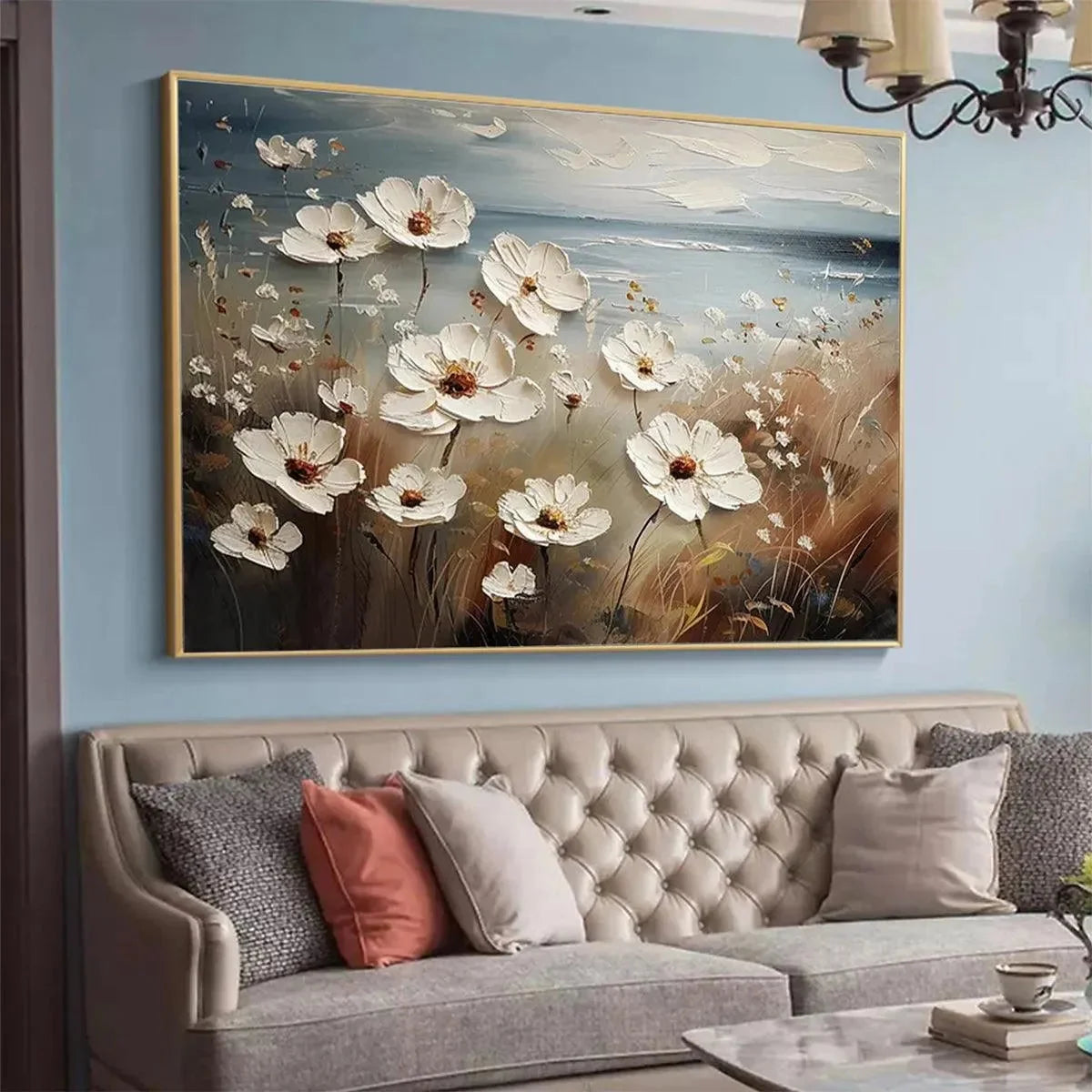 SEASIDE BLOSSOMS: Textured Floral Painting, Impasto Wall Art, Horizontal Canvas, Coastal Decor | black frame version on white wall