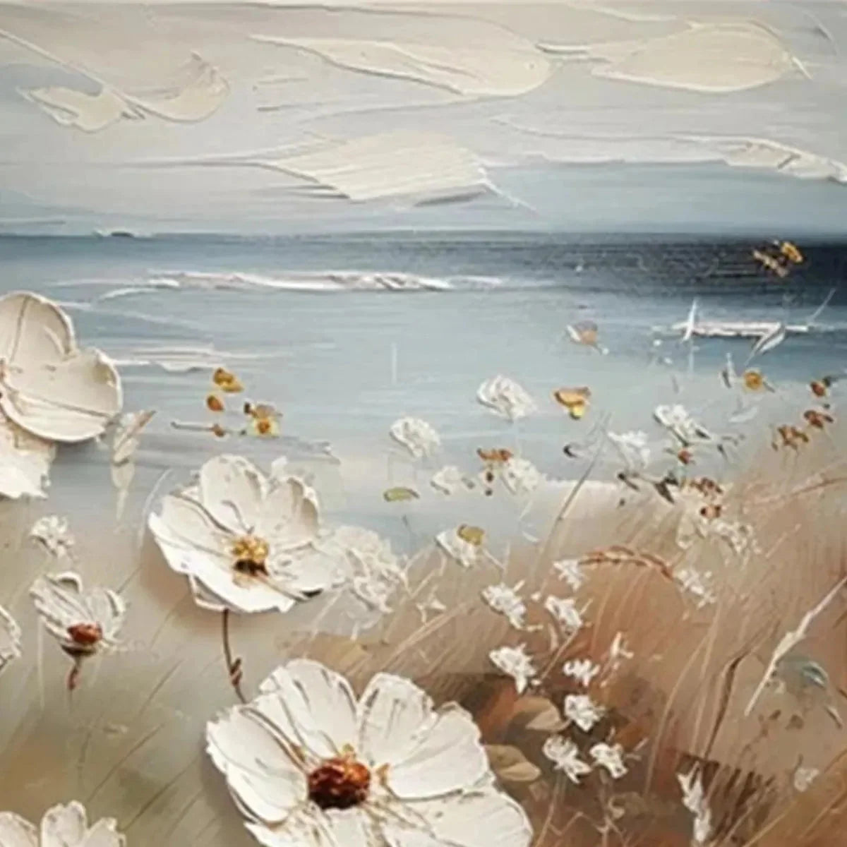 SEASIDE BLOSSOMS: Textured Floral Painting, Impasto Wall Art, Horizontal Canvas, Coastal Decor | Abstract mood, soft natural light studio shot