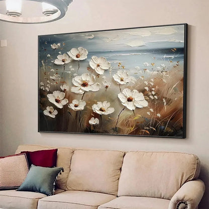 SEASIDE BLOSSOMS: Textured Floral Painting, Impasto Wall Art, Horizontal Canvas, Coastal Decor | multi-color palette, original oil on stretched canvas art
