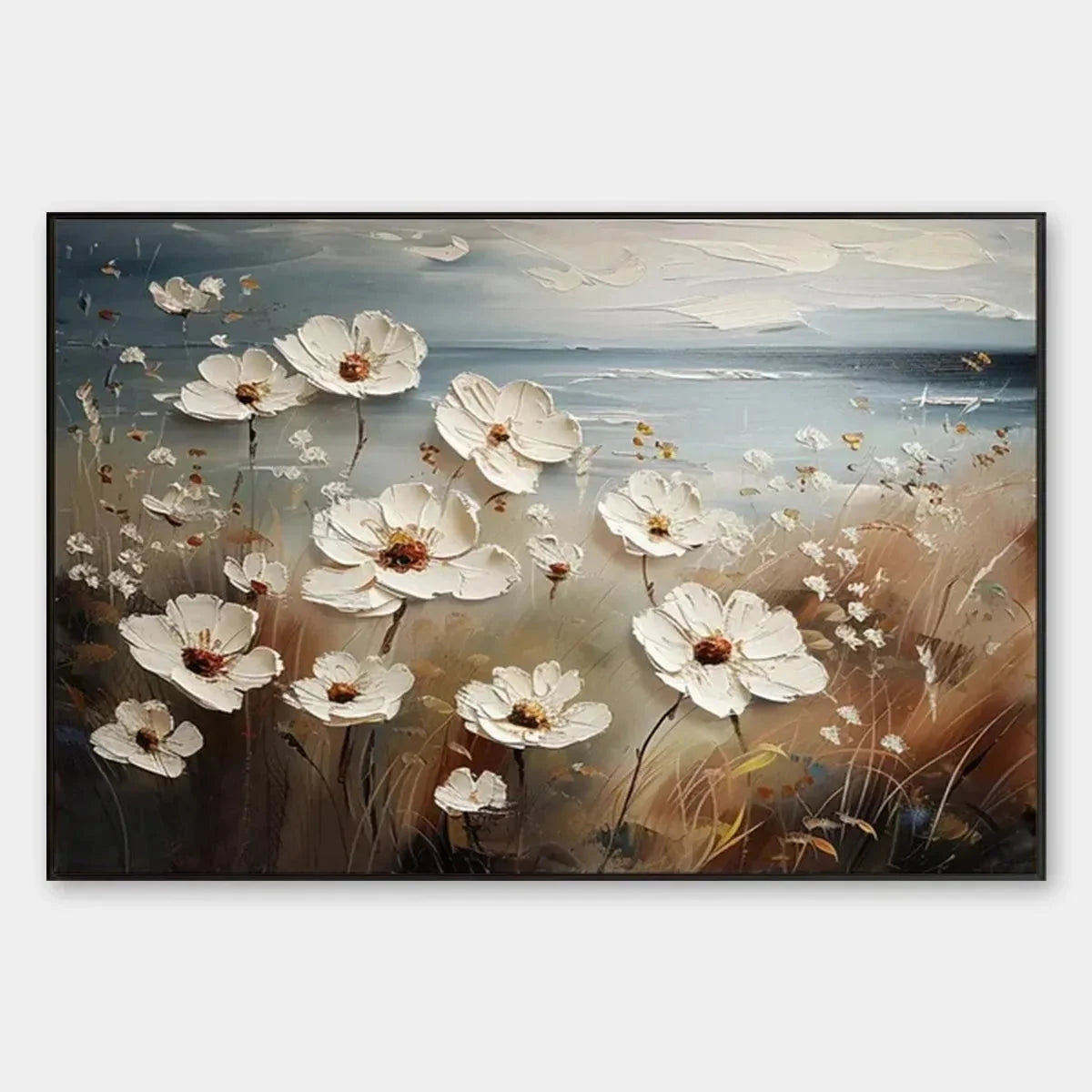 SEASIDE BLOSSOMS: Textured Floral Painting, Impasto Wall Art, Horizontal Canvas, Coastal Decor | hanging in living room, Abstract wall art