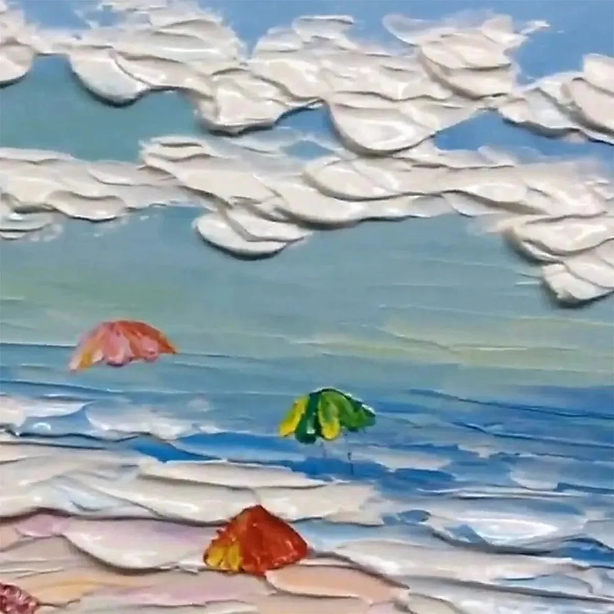 SEASIDE CELEBRATION: Textured Impasto Beach Painting with Colorful Umbrellas | rectangular format, hand-painted canvas edge