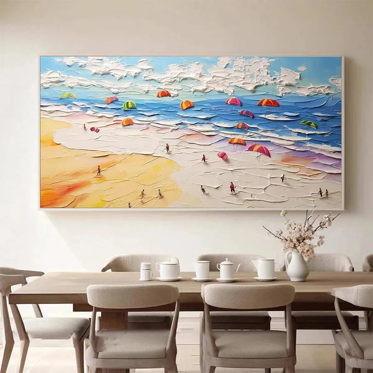 SEASIDE CELEBRATION: Textured Impasto Beach Painting with Colorful Umbrellas | gold frame stretched on neutral wall