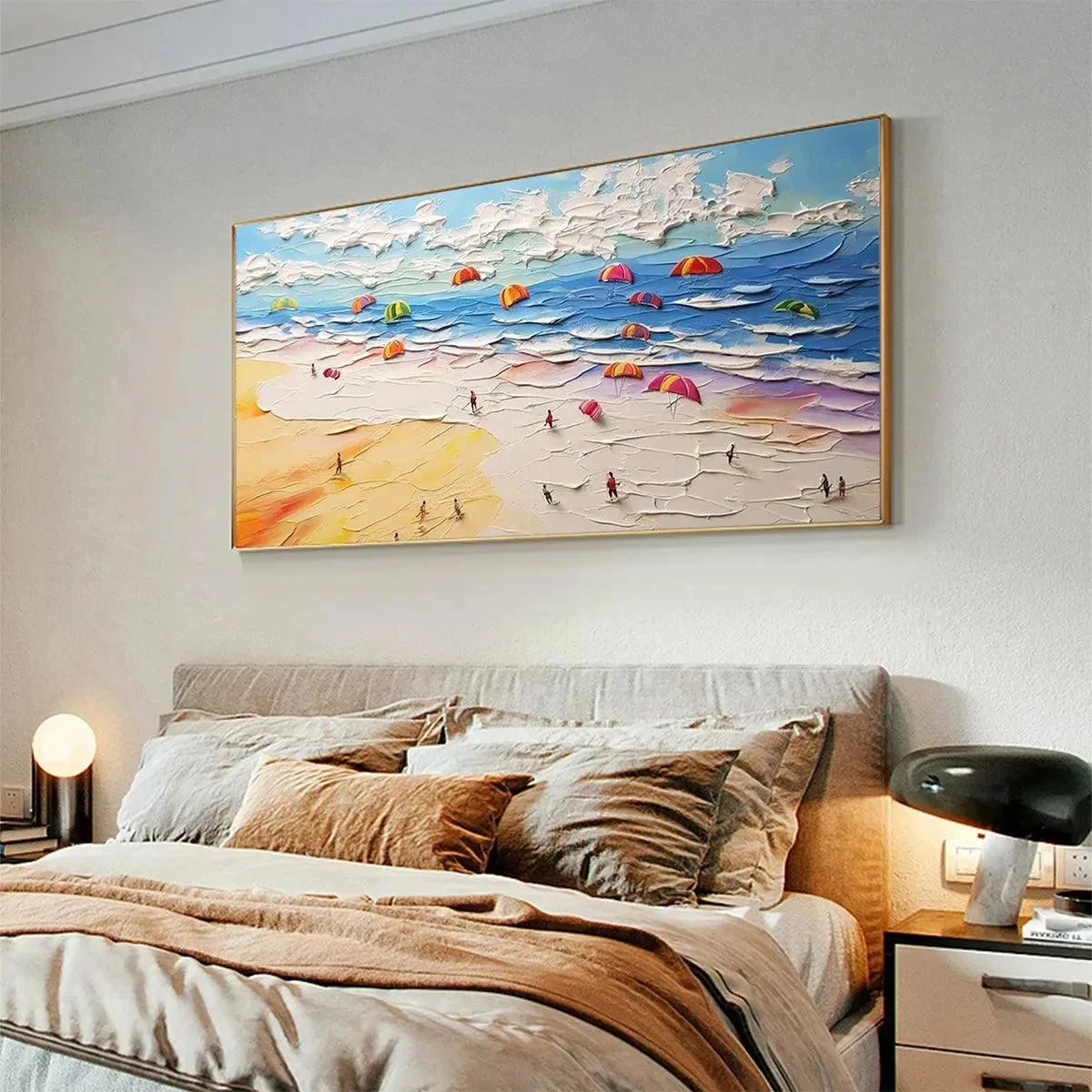 SEASIDE CELEBRATION: Textured Impasto Beach Painting with Colorful Umbrellas | rolled canvas, ready for custom framing