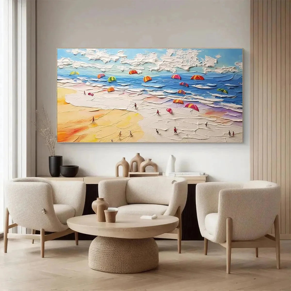 SEASIDE CELEBRATION: Textured Impasto Beach Painting with Colorful Umbrellas | black frame version on white wall