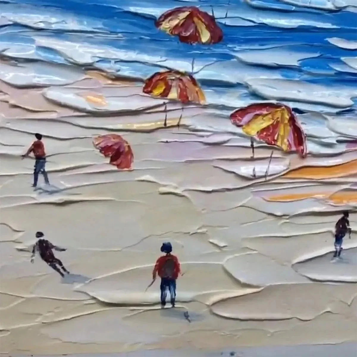 SEASIDE CELEBRATION: Textured Impasto Beach Painting with Colorful Umbrellas | Abstract mood, soft natural light studio shot