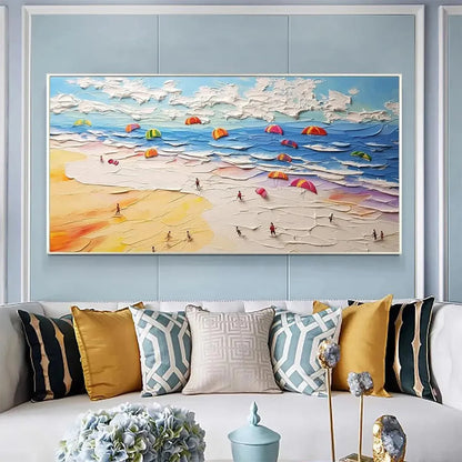 SEASIDE CELEBRATION: Textured Impasto Beach Painting with Colorful Umbrellas | multi-color palette, original oil on stretched canvas art