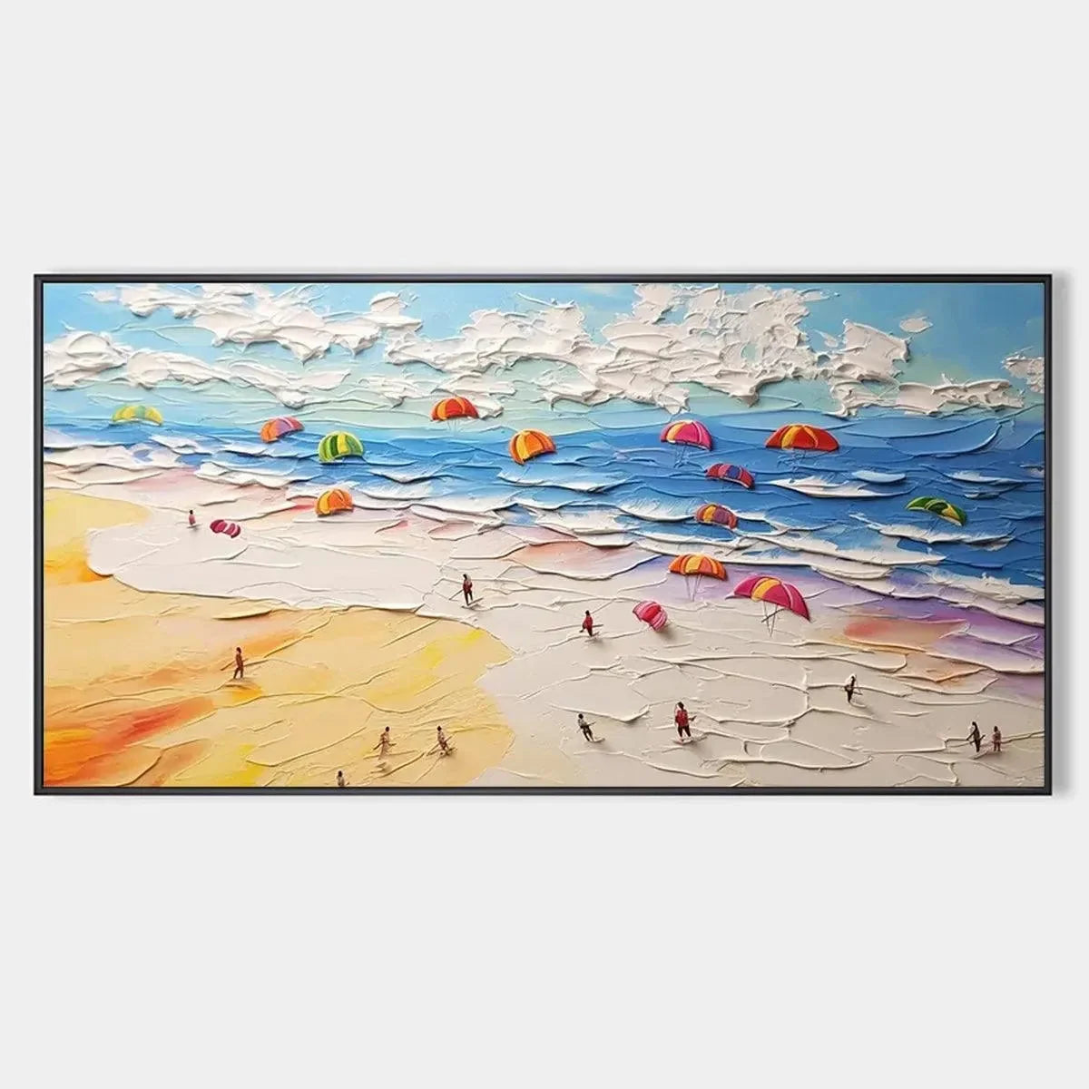 SEASIDE CELEBRATION: Textured Impasto Beach Painting with Colorful Umbrellas | hanging in living room, Abstract wall art