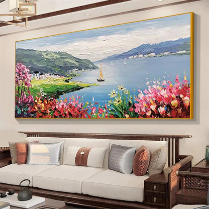 SEASIDE CHARM: Impressionist Coastal Landscape Painting | gold frame stretched on neutral wall