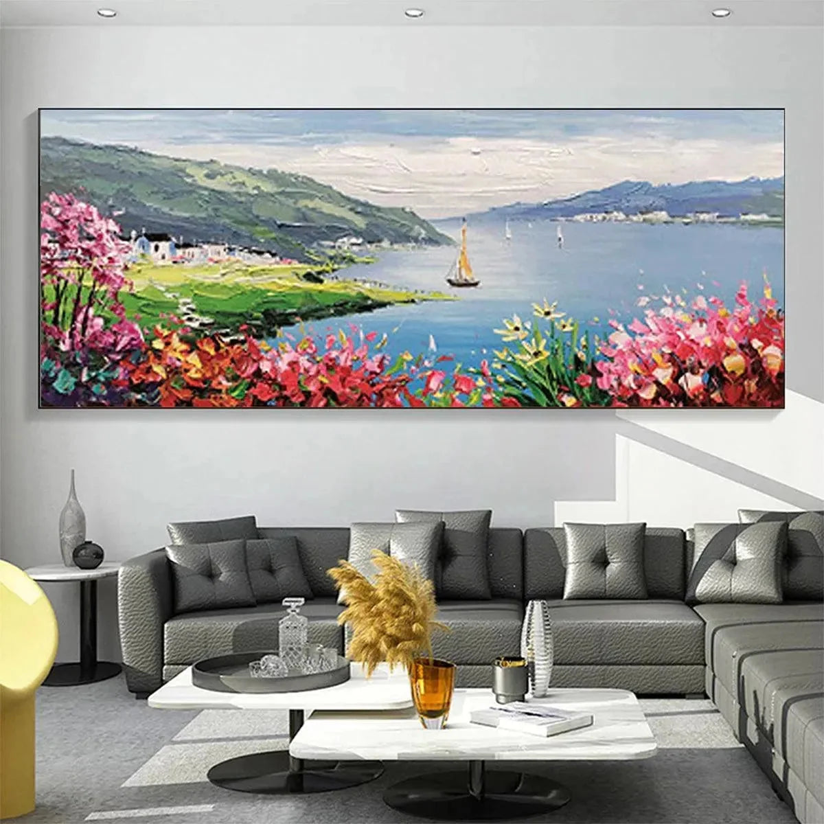 SEASIDE CHARM: Impressionist Coastal Landscape Painting | black frame version on white wall