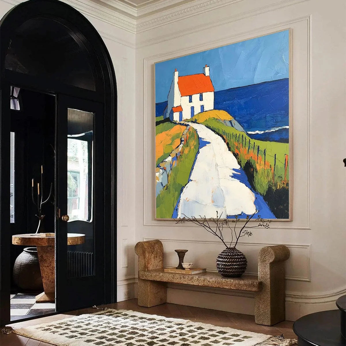 SEASIDE COTTAGE: Impasto Coastal Landscape Oil Painting | gold frame stretched on neutral wall