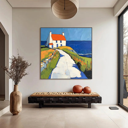 SEASIDE COTTAGE: Impasto Coastal Landscape Oil Painting | black frame version on white wall