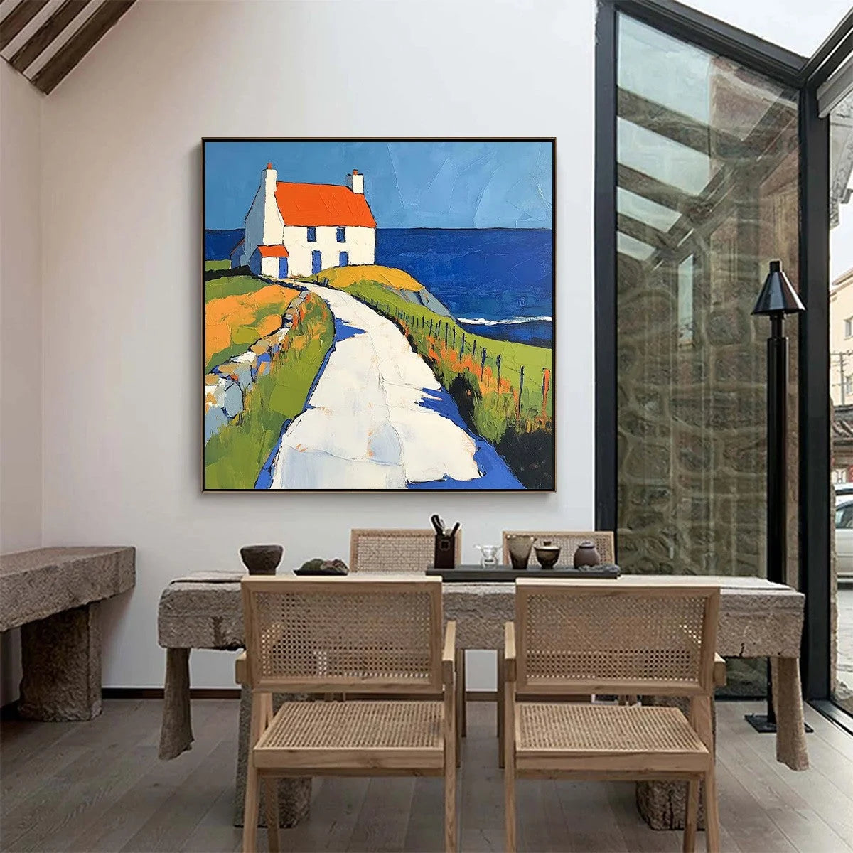SEASIDE COTTAGE: Impasto Coastal Landscape Oil Painting | multi-color palette, original oil on stretched canvas art