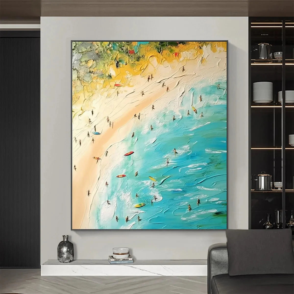 SEASIDE REVERIE: Impasto Beach Scene Oil Painting with Figures | Abstract closeup, raised brushwork detail