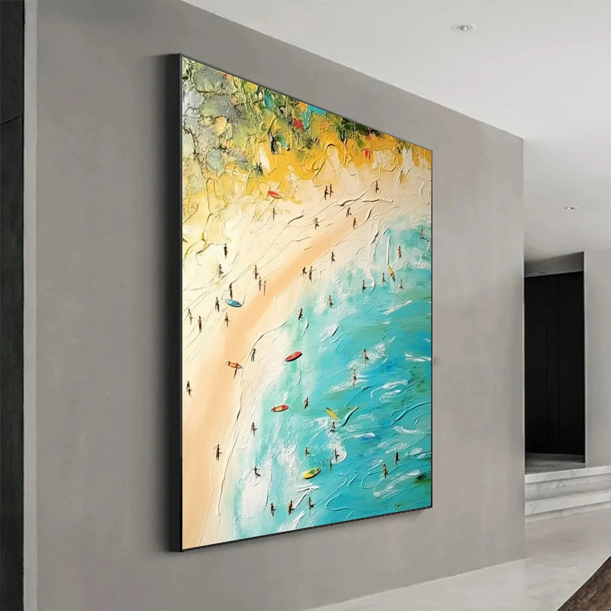 SEASIDE REVERIE: Impasto Beach Scene Oil Painting with Figures | rectangular format, hand-painted canvas edge
