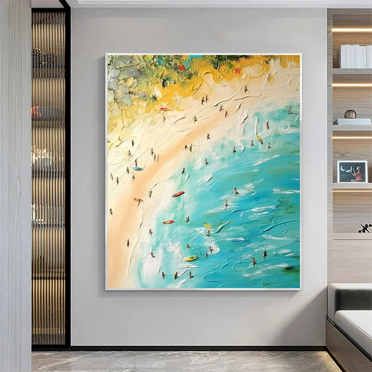 SEASIDE REVERIE: Impasto Beach Scene Oil Painting with Figures | gold frame stretched on neutral wall