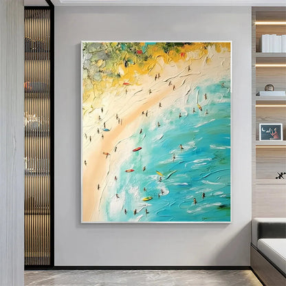 SEASIDE REVERIE: Impasto Beach Scene Oil Painting with Figures | gold frame stretched on neutral wall