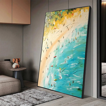 SEASIDE REVERIE: Impasto Beach Scene Oil Painting with Figures | black frame version on white wall